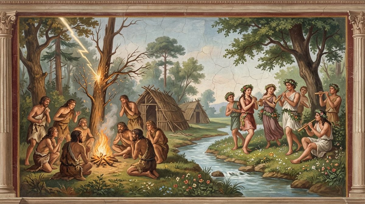 Early Humans Discovering Fire and Woodland Music